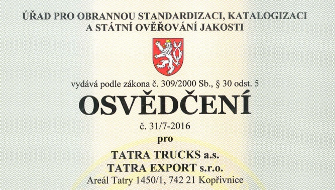 TATRA TRUCKS a.s. obhájila osvědčení AQAP 2110